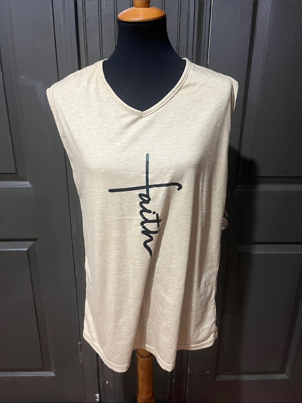 Faith Graphic Sleeveless V-Neck Women’s Top - Beige